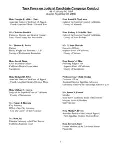 Task Force on Judicial Candidate Campaign Conduct As of January 16, 2009 (Expires November 30, 2009) Hon. Douglas P. Miller, Chair Associate Justice of the Court of Appeal, Fourth Appellate District, Division Two