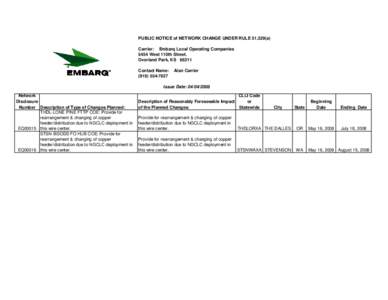 PUBLIC NOTICE of NETWORK CHANGE UNDER RULE[removed]a) Carrier: Embarq Local Operating Companies 5454 West 110th Street. Overland Park, KS[removed]Contact Name: ([removed]