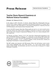 Press Release  National Science Foundation Teacher Shares Research Experience at National Science Foundation