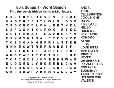 80’s Songs 1 - Word Search Find the words hidden in the grid of letters. E V O