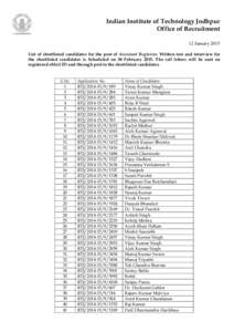 Indian Institute of Technology Jodhpur Office of Recruitment 12 January 2015 List of shortlisted candidates for the post of Assistant Registrar. Written test and interview for the shortlisted candidates is Scheduled on 0