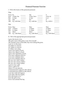 Personal Pronoun Exercise I. Fill in the forms of the personal pronoun: Sing. Nom. Gen. Dat.