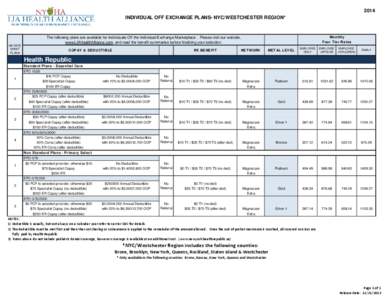 2014 INDIVIDUAL OFF EXCHANGE PLANS- NYC/WESTCHESTER REGION* Monthly  The following plans are available for Individuals Off the Individual Exchange Marketplace . Please visit our website,