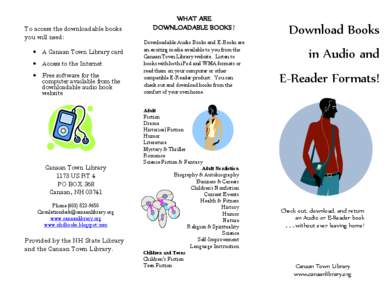 To access the downloadable books you will need:  A Canaan Town Library card  Access to the Internet  Free software for the computer available from the