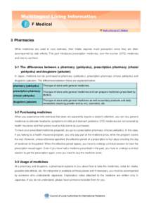 Multilingual Living Information F Medical Back to the top of F Medical 3 Pharmacies While medicines are used to cure sickness, their intake requires much precaution since they are often