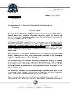 Case No.: [removed]SAMANTHA MARSHALL, Complainant, v. SUGAR CREEK GROUP, LLC, d/b/a SUGAR CREEK NURSING AND REHABILITATION, Respondent.