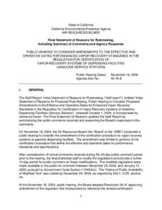 Rulemaking: [removed]FSOR Public Hearing to Consider Proposed Amendments to the Effective and Operative Dates for Enhanced Vapor Recovery Standards in the Regulation for Certification of Vapor Recovery Systems of Gasol