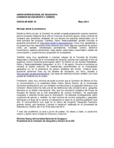 UNIÓN INTERNACIONAL DE GEOGRAFÍA COMISIÓN EN GEOGRAFÍA Y GÉNERO CIRCULAR NÚM. 52 Mayo 2014