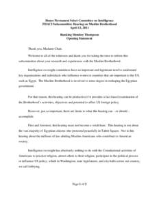 House Permanent Select Committee on Intelligence THACI Subcommittee Hearing on Muslim Brotherhood April 13, 2011 Ranking Member Thompson Opening Statement Thank you, Madame Chair.