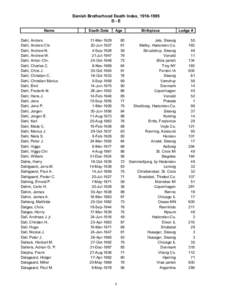 Danish Brotherhood Death Index, [removed]D-E Name Dahl, Anders Dahl, Anders Chr. Dahl, Andrew N.