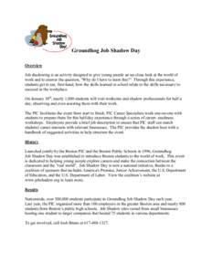 Groundhog Job Shadow Day Overview Job shadowing is an activity designed to give young people an up-close look at the world of work and to answer the question, 