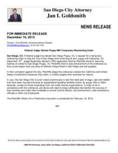 San Diego City Attorney  Jan I. Goldsmith NEWS RELEASE FOR IMMEDIATE RELEASE December 16, 2013