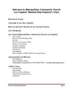 Welcome to Metropolitan Community Church Los Angeles’ Membership/Inquirer’s Class Welcome & Prayer