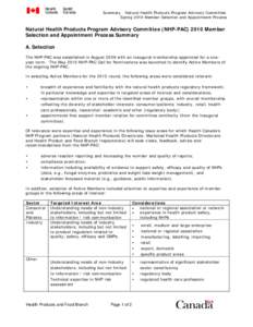 Summary - Natural Health Products Program Advisory Committee Spring 2010 Member Selection and Appointment Process Natural Health Products Program Advisory Committee (NHP-PAC[removed]Member Selection and Appointment Process