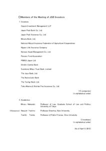 ○Members of the Meeting of JGB Investors 1. Investors Capula Investment Management LLP Japan Post Bank Co., Ltd. Japan Post Insurance Co., Ltd. Mizuho Bank, Ltd.