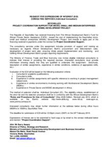 REQUEST FOR EXPRESSIONS OF INTEREST (EOI) CONSULTING SERVICES (Individual Consultant) SEYCHELLES PROJECT COORDINATION SUPPORT FOR MICRO, SMALL AND MEDIUM ENTERPRISES (MSME) DEVELOPMENT PROJECT The Republic of Seychelles 