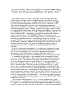 Analytical Results for the Community Environmental Monitoring Program (CEMP) Air Sampling Network–First Quarter CY2011 The CEMP air-sampling network is designed to monitor and collect radioactive airborne particles fro