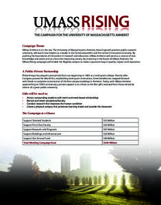 Campaign Theme UMass Amherst is on the rise. The University of Massachusetts Amherst, New England’s premier public research university, will reach new heights as a leader in the Commonwealth’s and the nation’s inno