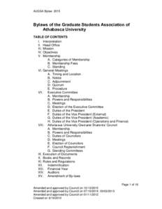 AUGSA BylawBylaws of the Graduate Students Association of Athabasca University TABLE OF CONTENTS I. Interpretation