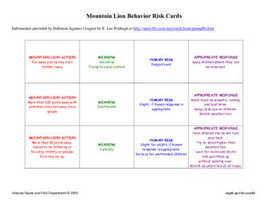 Mountain Lion Behavior Risk Cards Information provided by Defenses Against Cougars by E. Lee Fitzhugh at http://users.frii.com/mytymyk/lions/pumadfn.htm. MOUNTAIN LION ACTION Far away and moving even farther away