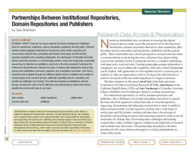 Special Section  Partnerships Between Institutional Repositories, Domain Repositories and Publishers Bulletin of the Association for Information Science and Technology – August/September 2013 – Volume 39, Number 6