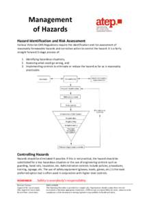 Management of Hazards Hazard Identification and Risk Assessment Various Victorian OHS Regulations require the identification and risk assessment of reasonably foreseeable hazards and corrective action to control the haza