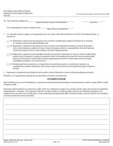 Ohio Department of Mental Health Application for Emergency Admission In Accordance with SectionsandORC  DMH-0025