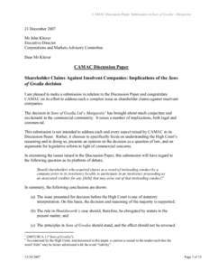 CAMAC Discussion Paper: Submission on Sons of Gwalia v Margaretic  21 December 2007 Mr John Kluver Executive Director Corporations and Markets Advisory Committee