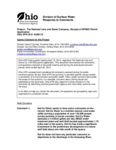 Division of Surface Water Response to Comments Project: The National Lime and Stone Company, Receipt of NPDES Permit Application Ohio EPA ID #: 4IJ00113