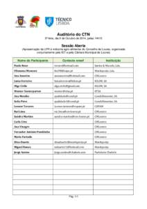 Auditório do CTN 5ª feira, dia 9 de Outubro de 2014, pelas 14h15 Sessão Aberta (Apresentação da UTR à indústria agro-alimentar do Concelho de Loures, organizada conjuntamente pelo IST e pela Câmara Municipal de L