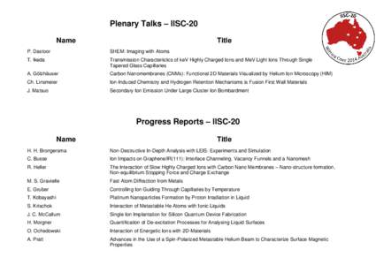 Plenary Talks – IISC-20 Name Title  P. Dastoor
