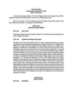 TEXT OF BILL Incorporated Village of Sea Cliff BILL NO[removed]A local law amending Chapter 121 of the Village Code of the Village of Sea Cliff to regulate the preservation and protection of trees in the Village of Sea C