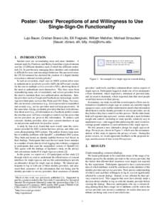 Poster: Users’ Perceptions of and Willingness to Use Single-Sign-On Functionality 1 Lujo Bauer, Cristian Bravo-Lillo, Elli Fragkaki, William Melicher, Michael Stroucken {lbauer, cbravo, elli, billy, mxs}@cmu.edu