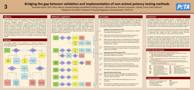 Bridging the gap between validation and implementation of non-animal potency testing methods  3 Samantha Dozier, PhD, Policy Advisor, Nanotechnology and Medical Testing Issues;1 Jeffrey Brown, Research Associate;1 Alista