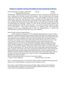 Southern Campaign American Revolution Pension Statements & Rosters Pension application of Gregory Clark R1998 Luraney fn19NC Transcribed by Will Graves[removed]