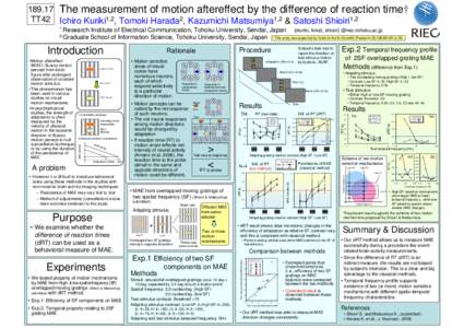 The measurement of motion aftereffect by the difference of reaction TT42 Ichiro Kuriki1,2, Tomoki Harada2, Kazumichi Matsumiya1,2 & Satoshi Shioiri1,2 Institute of Electrical Communication, Tohoku University, Send