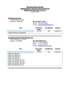 AIR RESOURCES BOARD INDEPENDENT CONTRACTORS APPROVED UNDER SECTION 91207, TITLE 17 July 10, 2014  AAB Environmental