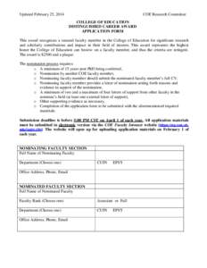 Updated February 25, 2014  COE Research Committee COLLEGE OF EDUCATION DISTINGUISHED CAREER AWARD APPLICATION FORM