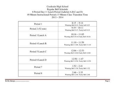 Creekside High School Regular Bell Schedule 8 Period Day | 1 Lunch Period (Labeled A.B.C and D) 49 Minute Instructional Periods | 5 Minute Class Transition Time 2013 – 2014 Period 1