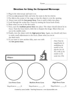 Name ______________________  Directions for Using the Compound Microscope 1. Plug in the microscope and turn it on. 2. Choose one prepared slide and write the name in the box below. 3. Put slide in the center of the stag