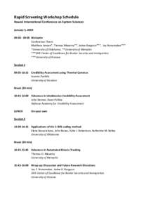 Rapid Screening Workshop Schedule Hawaii International Conference on System Sciences January 5, [removed]:[removed]:05 Welcome Conference Chairs Matthew Jensen*, Thomas Meservy**, Judee Burgoon***, Jay Nunamaker***