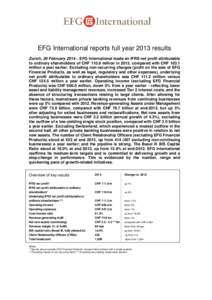EFG International reports full year 2013 results Zurich, 26 February 2014 – EFG International made an IFRS net profit attributable to ordinary shareholders of CHF[removed]million in 2013, compared with CHF[removed]million 