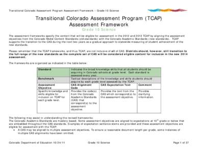 Transitional Colorado Assessment Program Assessment Framework – Grade 10 Science  Transitional Colorado Assessment Program (TCAP) Assessment Framework Grade 10 Science The assessment frameworks specify the content that