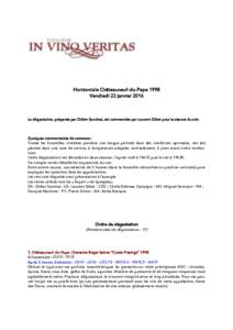 Horizontale Châteauneuf-du-Pape 1998 Vendredi 22 janvier 2016 La dégustation, préparée par Didier Sanchez, est commentée par Laurent Gibet pour la séance du soir.  Quelques commentaires de contexte :