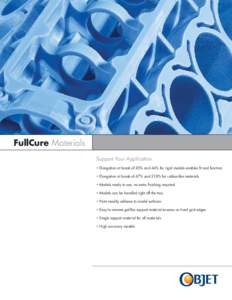FullCure Materials Support Your Application • Elongation at break of 20% and 44% for rigid models enables fit and function • Elongation at break of 47% and 218% for rubber-like materials • Models ready to use, no e