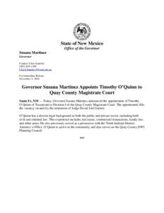 State of New Mexico Office of the Governor Susana Martinez Governor Contact: Chris Sanchez