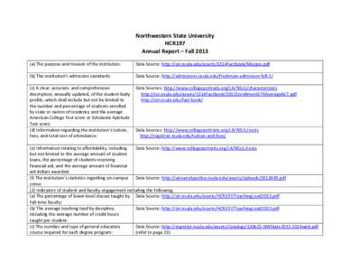 Northwestern State University HCR197 Annual Report – Fall[removed]a) The purpose and mission of the institution:  Data Source: http://oir.nsula.edu/assets/1314Factbook/Mission.pdf