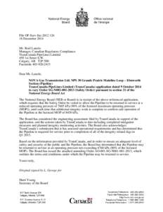 Letter and Order AO-001-SG-N081[removed]to TransCanada PipeLines Limited - NOVA Gas Transmission Ltd. NPS 30 Grande Prairie Mainline Loop - Elmworth Section (Pipeline[removed]December 2014