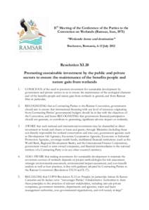 11th Meeting of the Conference of the Parties to the Convention on Wetlands (Ramsar, Iran, 1971) “Wetlands: home and destination” Bucharest, Romania, 6-13 JulyResolution XI.20