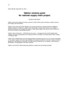 14 Daily Herald, September 26, 2011 Oakton receives grant for national supply chain project By Daily Herald Report